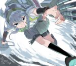  1girl adapted_turret anti-aircraft anti-aircraft_gun arm_warmers bike_shorts bow bowtie braid cannon gegeron green_bow green_bowtie green_hairband grey_eyes grey_hair grey_skirt hairband highres kantai_collection long_hair school_uniform single_braid skirt suspender_skirt suspenders torpedo_launcher torpedo_tubes wavy_hair yamagumo_(kancolle) 