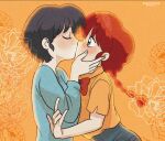  22mzk03 2girls artist_name blush braid braided_ponytail closed_eyes couple flower kiss multiple_girls orange_background orange_shirt ranma-chan ranma_1/2 redhead shirt short_hair tendou_akane yuri 