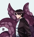  1boy artist_name black_hair chainsaw_man ear_piercing gakuran grey_background highres looking_to_the_side multiple_piercings octopus_devil_(chainsaw_man) piercing school_uniform shirt short_hair simple_background smilesimplyart solo tentacles white_shirt yoshida_hirofumi 