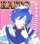  1boy blue_hair blue_nails blue_scarf character_name colored_eyelashes commentary copyright_name disco_area facing_viewer fingernails hand_up index_finger_raised kaito_(vocaloid) long_sleeves male_focus scarf short_hair smile solo star_(symbol) teeth twitter_username upper_body vocaloid 