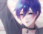  1boy arms_up black_choker blue_eyes blue_hair choker commentary dot_nose grey_shirt hair_between_eyes kaito_(vocaloid) long_sleeves looking_at_viewer male_focus shirt short_hair solo tongue tongue_out vocaloid ye1it7zzedh55jn 