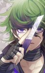  1boy bandaged_hand bandaged_neck bandages boxcutter commentary_request eyeliner green_hair grey_background hair_between_eyes hand_up holding_boxcutter looking_at_viewer makeup male_focus master_detective_archives:_rain_code multicolored_hair open_mouth purple_eyeliner short_hair shouji6989 solo streaked_hair twilight_vivia upper_body violet_eyes 