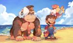  2boys absurdres artist_name beach blooper_(mario) blue_eyes blue_overalls blue_pants blue_sky blush brown_eyes brown_footwear brown_hair buttons cheep_cheep closed_mouth clouds commentary day donkey_kong facial_hair gloves hanaon hat hat_removed headwear_removed highres holding holding_clothes holding_hat horizon long_sleeves looking_at_another male_focus mario multiple_boys mustache necktie ocean outdoors overalls pants red_headwear red_necktie red_shirt shirt shoes short_hair sideways_glance signature sky standing super_mario_bros. symbol-only_commentary twitter_username unamused v-shaped_eyebrows water wet wet_clothes wet_hair white_gloves 