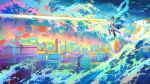  1boy brown_hair character_request cityscape colorful energy_beam evening fish from_side full_body highres honkai:_star_rail honkai_(series) long_sleeves looking_ahead male_focus ocean outdoors potg_(piotegu) scenery short_hair solo standing water 