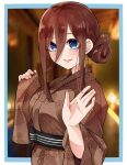  1girl :d alternate_costume alternate_hairstyle blue_eyes blurry blurry_background blush brown_hair brown_kimono commentary cowboy_shot eyebrows_hidden_by_hair eyelashes floral_print go-toubun_no_hanayome hair_between_eyes hair_bun hair_over_one_eye hand_up highres japanese_clothes kimono long_hair long_sleeves looking_at_viewer mame1645 nakano_miku open_mouth photo_background sidelocks single_hair_bun smile solo standing straight_hair waving wide_sleeves yukata 