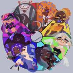  1boy 6+girls aqua_hair artist_name bare_shoulders big_man_(splatoon) black_footwear black_hair black_necktie blonde_hair blue_eyes blue_hair callie_(splatoon) character_request collared_shirt color_wheel_challenge dark-skinned_female dark_skin domino_mask frye_(splatoon) gloves gradient_hair grey_hair hair_over_one_eye highres looking_at_viewer marie_(splatoon) marina_(splatoon) mask midriff multicolored_hair multiple_girls navel necktie orange_hair pearl_(splatoon) purple_hair red_eyes shirt shiver_(splatoon) shoes splatoon_(series) splatoon_1 splatoon_2 splatoon_3 suction_cups sunglasses suspenders tentacle_hair vetrelex violet_eyes white_gloves white_shirt yellow_eyes yoko_&amp;_the_gold_bazookas_trombonist 