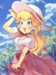  1girl :d absurdres arm_up artist_name bandana blonde_hair blue_eyes blue_sky blush clouds collared_shirt commentary_request day earrings eyelashes hanaon hat high-waist_skirt highres jewelry lips long_hair long_skirt open_mouth outdoors pink_bandana pink_skirt princess_peach princess_peach_(vacation) puffy_short_sleeves puffy_sleeves shirt shirt_tucked_in short_sleeves sidelocks signature skirt sky smile solo sphere_earrings suitcase sun_hat super_mario_bros. super_mario_odyssey tree twitter_username white_headwear white_shirt wind 