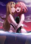 2girls bare_shoulders blonde_hair blush breasts cowboy_shot earrings hands_on_own_hips highres hug jewelry long_hair looking_at_viewer multiple_girls mythra_(xenoblade) pyra_(xenoblade) red_eyes redhead short_hair slope_(check238) swimsuit thigh_strap tiara wet xenoblade_chronicles_(series) xenoblade_chronicles_2 yellow_eyes 