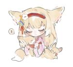  1girl animal animal_ears arknights blonde_hair blush chibi closed_eyes closed_mouth flower fox fox_ears fox_girl hair_flower hair_ornament hairband japanese_clothes kimono long_hair multicolored_hair official_alternate_costume pink_kimono red_hairband smile solo suzuran_(arknights) suzuran_(yukibare)_(arknights) two-tone_hair white_hair xuan_(xxuanl0424) 