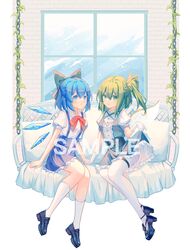  2girls absurdres black_footwear blue_eyes blue_hair blue_skirt blush bow cirno collared_shirt daiyousei detached_wings fairy fairy_wings gloves green_bow green_eyes hair_between_eyes hair_bow highres ice ice_wings long_hair minuo multiple_girls pantyhose parted_lips puffy_short_sleeves puffy_sleeves sample_watermark shirt shoes short_hair short_sleeves side_ponytail skirt socks touhou watermark white_gloves white_pantyhose white_shirt white_socks wings 