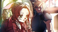  1boy 1girl aerith_gainsborough aqua_eyes armor blonde_hair blue_shirt blurry blurry_background braid braided_ponytail brown_hair choker church cloud_strife final_fantasy final_fantasy_vii final_fantasy_vii_remake flower_choker green_eyes hair_between_eyes hair_ribbon highres indoors jacket long_hair looking_at_another mi_cha_iru open_mouth parted_bangs parted_lips pink_ribbon red_jacket ribbon shirt short_hair shoulder_armor sidelocks single_bare_shoulder single_braid sleeveless sleeveless_turtleneck smile spiky_hair suspenders talking turtleneck upper_body wavy_hair 