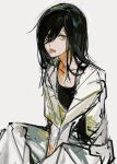  1girl absurdres black_hair black_shirt chainsaw_man hair_over_one_eye highres jacket long_hair looking_at_viewer mkmwyydlp nayuta_(chainsaw_man) open_mouth ringed_eyes shirt simple_background solo white_background white_jacket yellow_eyes 