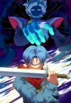  2boys blue_hair character_request covering_mouth dragon_ball dragon_ball_(classic) english_commentary highres holding holding_sword holding_weapon male_focus multiple_boys papita_pochi pointing short_hair sword trunks_(dragon_ball) trunks_(future)_(dragon_ball) upper_body v-shaped_eyebrows weapon 