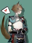  1boy animal_ear_fluff animal_ears aqua_eyes armor black_gloves blush brown_hair closed_mouth dog_boy dog_ears dog_tail fingerless_gloves genshin_impact gloves gorou_(genshin_impact) hair_ornament heart highres japanese_armor japanese_clothes male_focus profile shadow shui_ran_moon simple_background single_fingerless_glove solo spoken_heart tail 