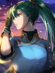  1girl black_gloves blue_dress china_dress chinese_clothes clouds commentary delsaber dress earrings fingerless_gloves fire_emblem fire_emblem:_the_blazing_blade gloves gold_trim green_eyes grey_hair hair_between_eyes highres jewelry long_hair lyn_(fire_emblem) outdoors parted_lips ponytail short_sleeves sky solo sunlight very_long_hair 