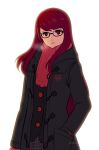 1girl absurdres black_coat breath coat glasses hand_in_pocket highres long_hair looking_at_viewer persona persona_5 persona_5_the_royal rectangular_eyewear red_eyes red_scarf redhead scarf school_uniform shuujin_academy_school_uniform smgold solo white_background yoshizawa_kasumi 