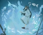  1girl artist_name black_hair blue_coat blue_theme brown_footwear coat fish flying_fish full_body highres long_hair long_sleeves mushroom mushroom_on_head shimeji_simulation socks solo takoto tsukushima_shijima utility_pole white_socks 