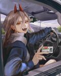  1girl artist_logo artist_name black_jacket black_necktie blue_hoodie brown_hair car_interior chainsaw_man collared_shirt cross-shaped_pupils dated hair_between_eyes higashiyama_kobeni highres hood hoodie horns id_card jacket long_hair looking_at_viewer necktie open_mouth power_(chainsaw_man) red_horns sharp_teeth shirt single_sidelock smile solo suit suit_jacket symbol-shaped_pupils taorotana teeth upper_teeth_only white_shirt yellow_eyes 