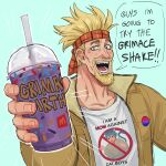  1boy :d absurdres bisexual_flag bisexual_flag_pin blonde_hair clothes_writing cup daxratchet disposable_cup drinking_straw english_text eyepatch facial_hair goatee grimace_shake_(meme) headband highres holding holding_cup looking_at_viewer male_focus mature_male mcdonald&#039;s meme milkshake mustache outstretched_arm pin print_shirt purple_liquid red_headband scene_reference shirt short_hair sideburns smile solo spiky_hair thick_eyebrows thorkell upper_body vinland_saga 