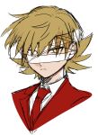  1boy bandage_over_one_eye blonde_hair closed_mouth collared_shirt commentary_request e.g.o_(project_moon) employee_(lobotomy_corporation) jacket light_frown lobotomy_corporation male_focus medu_(rubish) necktie project_moon red_jacket red_necktie shirt short_hair simple_background sketch solo white_background white_shirt yellow_eyes 