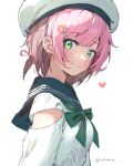  1girl beret blue_sailor_collar blush bow bowtie breasts from_side green_bow green_bowtie green_eyes hair_ornament hairpin hat heart looking_at_viewer osu! pink_hair pippi_(osu!) sailor_collar short_hair simple_background sketch small_breasts solo tofumang twitter_username upper_body white_background white_headwear 