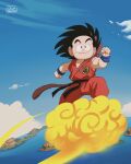  1boy absurdres anime_coloring black_eyes black_hair blue_sky clenched_hands clouds commentary_request dougi dragon_ball dragon_ball_(classic) flying_nimbus full_body highres male_focus monkey_tail nyoibo ocean plateau raised_eyebrows salvamakoto signature sky smile solo son_goku spanish_commentary tail wristband 