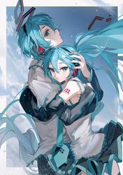  1boy 1girl absurdly_long_hair aqua_eyes aqua_nails aqua_necktie clouds collared_shirt detached_sleeves genderswap hair_between_eyes hair_ornament hand_on_another&#039;s_head hatsune_miku headphones headset holding hug lace-trimmed_shirt lace_trim light_blush long_hair looking_at_viewer nail_polish necktie neon_trim pleated_skirt rumoon shirt short_hair skirt sky standing tattoo twintails very_long_hair vocaloid 