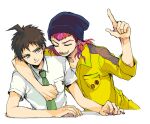  2boys arm_around_shoulder beanie black_headwear breast_pocket brown_hair chara_rira closed_eyes collared_shirt danganronpa_(series) danganronpa_2:_goodbye_despair green_eyes grin hat hinata_hajime index_finger_raised jumpsuit male_focus multiple_boys pink_hair pocket sharp_teeth shirt short_hair short_sleeves sleeves_past_elbows smile soda_kazuichi sweatdrop teeth white_background white_shirt yellow_jumpsuit 