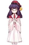  1girl adapted_costume closed_mouth collared_shirt commentary_request cowboy_shot cropped_legs dress e.g.o_(project_moon) employee_(lobotomy_corporation) frilled_hat frills glasses gradient_eyes hat hat_bell hoshizuki_sakusa lace-trimmed_dress lace_trim lobotomy_corporation long_hair long_sleeves looking_at_viewer multicolored_eyes necktie own_hands_together pantyhose project_moon purple_hair red_headwear red_necktie shirt sidelocks solo white_dress white_pantyhose white_shirt wide_sleeves 