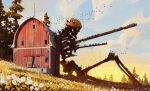  abandoned absurdres barn bird blue_sky clouds commentary dandelion dated day english_commentary field flock flower flower_field giant giant_skeleton grass highres jocelin_carmes knees_up no_humans original outdoors scenery signature sitting skeleton sky stab tree white_flower 
