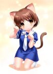  1girl animal_ear_fluff animal_ears blue_dress blush brown_eyes brown_hair brown_tail cat_ears cat_girl cat_tail clannad commentary_request dress eyes_visible_through_hair female_child full_body hair_between_eyes hands_up head_tilt kneeling looking_at_viewer necktie no_shoes okazaki_ushio one-hour_drawing_challenge parted_lips paw_pose puffy_short_sleeves puffy_sleeves sailor_collar school_uniform short_dress short_hair short_sleeves simple_background socks solo straight-on tail white_necktie white_sailor_collar white_socks yellow_background zen_(kamuro) 