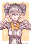  1girl :o absurdres animal_ear_fluff animal_ears artist_name border bow bowtie bronya_zaychik cat_ears claw_pose collared_shirt drill_hair fang grey_eyes grey_hair highres honkai_(series) honkai_impact_3rd long_sleeves looking_at_viewer nail_polish orange_bow orange_bowtie shirt skin_fang solo striped striped_shirt twin_drills upper_body vertical-striped_shirt vertical_stripes white_border white_shirt yami_anko yellow_nails 