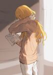  1boy blonde_hair blurry blurry_background brown_sweater closed_eyes cowboy_shot fate/grand_order fate_(series) gloves hand_in_own_hair highres holding holding_paper indoors kirschtaria_wodime long_hair long_sleeves male_focus pants paper sabamori solo sunlight sweater white_gloves white_pants 