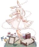  1girl albino animal_ears aramosaurus barefoot bed blush book carrot dress el_(sound_horizon) elysion flower frilled_sleeves frills full_body long_sleeves mask mask_removed rabbit_ears rabbit_girl red_eyes solo sound_horizon spider_lily white_dress white_hair 