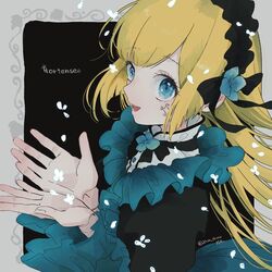  1girl 20cm_snow black_dress blonde_hair blue_eyes character_name dress facial_mark flower_brooch frilled_dress frills gothic_lolita hairband headdress highres hortense lolita_fashion lolita_hairband long_hair roman_(sound_horizon) smile solo sound_horizon 