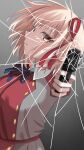  1girl absurdres blonde_hair cracked_glass expressionless grey_background gun hair_ribbon highres holding holding_gun holding_weapon lycoris_recoil lycoris_uniform medium_hair nishikigi_chisato pointing pointing_at_viewer ribbon simple_background solo user_ewdk5585 weapon yellow_eyes 