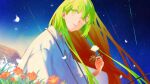  1other alternate_hair_color androgynous enkidu_(fate) fate/grand_order fate_(series) flower gradient_hair grass green_eyes green_hair holding holding_flower long_hair long_sleeves looking_to_the_side multicolored_hair natori_(na_to_ri_e) night night_sky outdoors parted_lips petals pink_flower redhead robe rock shooting_star sky solo star_(sky) starry_sky two-tone_hair white_flower white_robe wind 