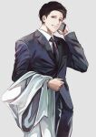  1boy black_hair black_necktie black_suit coat forehead highres holding holding_phone idolmaster idolmaster_shiny_colors looking_at_viewer male_focus mole_on_forehead necktie otsudou phone producer_(idolmaster) smile solo suit white_coat 