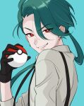  1girl absurdres androgynous aqua_background black_gloves black_necktie bright_pupils collared_shirt earrings gloves green_hair grey_shirt grin highres holding holding_poke_ball jewelry long_hair necktie poke_ball poke_ball_(basic) pokemon pokemon_(game) pokemon_sv ponytail red_eyes rika_(pokemon) shirt simple_background smile solo suspenders white_pupils 