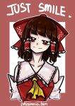  1girl absurdres artist_name blunt_bangs border detached_sleeves english_text hair_ribbon hakurei_reimu highres looking_at_viewer medium_hair red_border red_ribbon ribbon sleeveless smile solo tem_(insomnia_tem) touhou twitter_username upper_body white_background 