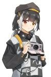  1girl alternate_costume artist_name beret black_bow black_hair black_headwear bow camera checkered_clothes chinese_commentary clothing_request commentary_request dinergate_(girls&#039;_frontline) girls_frontline grey_hair hair_bow hat heterochromia highres holding holding_camera looking_at_viewer low_twintails multicolored_hair polaroid red_eyes ro635_(girls&#039;_frontline) s41ty smile solo twintails yellow_eyes 