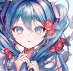  1girl bare_shoulders blue_eyes blue_hair blue_nails collared_shirt commentary_request earrings flower grey_shirt hair_between_eyes hair_flower hair_ornament hands_in_hair hatsune_miku heart heart-shaped_pupils heart_earrings highres holding_own_hair jewelry leaf light_blush long_hair looking_at_viewer parted_lips pipi red_flower shirt sleeveless sleeveless_shirt solo symbol-shaped_pupils twintails upper_body very_long_hair vocaloid 