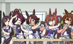  6+girls :d :o agnes_tachyon_(umamusume) ahoge animal_ears arm_up aston_machan_(umamusume) blue_shirt blush bow brown_eyes brown_hair commentary_request controller crown daiwa_scarlet_(umamusume) eyepatch fang frilled_skirt frills game_controller grey_hair hair_between_eyes hair_bow hamu_koutarou highres holding horse_ears horse_girl horse_tail indoors long_hair mejiro_dober_(umamusume) mini_crown multicolored_hair multiple_girls pleated_skirt puffy_short_sleeves puffy_sleeves purple_hair red_bow red_eyes shirt short_sleeves skirt smile streaked_hair tail tanino_gimlet_(umamusume) thigh-highs twintails umamusume v-shaped_eyebrows very_long_hair violet_eyes vodka_(umamusume) white_skirt white_thighhighs 