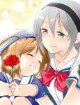  2019 2girls ^_^ black_hairband blue_eyes blue_skirt bow brown_hair clannad close-up closed_eyes closed_mouth collarbone commentary_request dated_commentary double-parted_bangs eyelashes female_child flower grey_hair hair_between_eyes hairband highres holding holding_flower knees_up light_blush light_particles lips long_hair looking_at_another multiple_girls okazaki_ushio open_mouth parted_bangs red_bow red_flower sailor_collar sakagami_tomoyo school_uniform second-party_source shirt short_hair short_sleeves side-by-side simple_background sitting skirt smile straight_hair sumiyoshi_yukiko tomoyo_after two_side_up white_headwear white_sailor_collar white_shirt yellow_background 