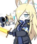  1other 2girls animal_ear_fluff animal_ears arknights armband armor black_bow black_coat black_jacket blemishine_(arknights) blonde_hair blue_archive blue_armband blue_eyes blue_halo blue_necktie blue_shirt blush_stickers bow cheering chibi coat collared_shirt commentary_request cropped_torso crossover doctor_(arknights) dog_ears extra_ears fur-trimmed_armor hair_over_one_eye halo hand_up highres holding holding_glowstick holding_sword holding_weapon hood hood_up hooded_coat hooded_jacket horse_ears horse_girl jacket kanna_(blue_archive) korean_commentary miyaoo1224 multiple_girls necktie police police_uniform policewoman sharp_teeth shirt simple_background smile sweatdrop sword teeth uniform upper_body weapon white_background 