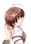  1girl 1other antenna_hair blush brown_eyes brown_hair brown_skirt casual clannad closed_mouth commentary_request eyelashes eyes_visible_through_hair fingernails from_above furukawa_nagisa hair_between_eyes hair_ornament hairclip hand_in_another&#039;s_hair lips looking_at_viewer medium_hair pov pov_hands shirt simple_background skirt smile solo_focus suspender_skirt suspenders white_background white_shirt zen_(kamuro) 