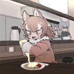  2girls animal_ears bowl brown_eyes brown_hair chibi closed_mouth contemporary cooking fang fingernails food fur_collar green_eyes grey_hair hands_up highres indoors japanese_wolf_(kemono_friends) kemono_friends long_hair long_sleeves looking_at_food looking_at_object makami_(kemono_friends) mayonnaise multicolored_hair multiple_girls nenkou-san noodles open_mouth plate shirt short_hair_with_long_locks short_sleeves skin_fang sleeves_past_wrists stool table two-tone_hair wolf_ears 