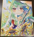  1girl closed_mouth commentary_request flower green_hair highres holding holding_umbrella kazami_yuuka looking_at_viewer outdoors photo_(medium) red_eyes smile solo sunflower torajirou_(toraneko_zirou) touhou traditional_media umbrella 