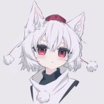  1girl animal_ear_fluff animal_ears closed_mouth grey_background hat highres inubashiri_momiji looking_at_viewer mr.turtle_head one-hour_drawing_challenge pom_pom_(clothes) red_eyes shirt short_hair simple_background solo tokin_hat touhou upper_body white_hair white_shirt wolf_ears wolf_girl 