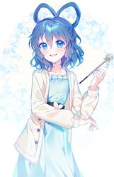  1girl :d absurdres blue_background blue_dress blue_eyes chisel commentary dated_commentary dress hair_rings highres holding j_(ppxx3543) kaku_seiga long_sleeves looking_at_viewer open_mouth smile solo sweater_vest touhou white_sweater_vest 